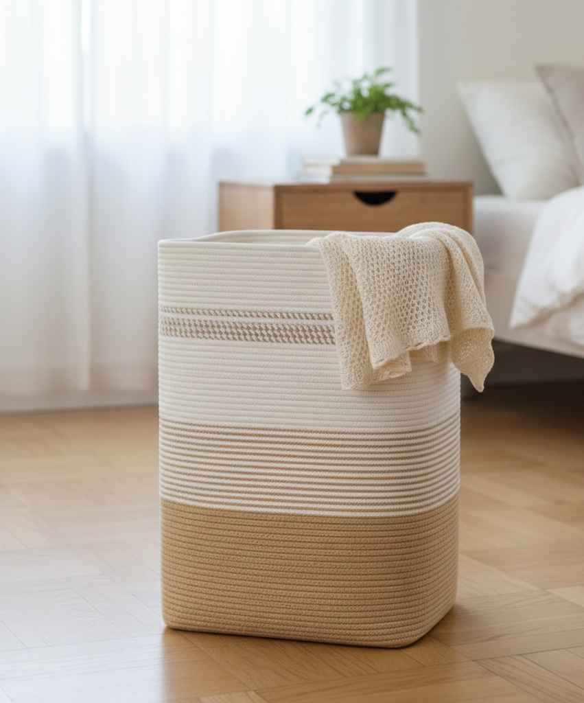 White & Beige Cotton Rope Storage Basket - 18 x 15 x 11 inch