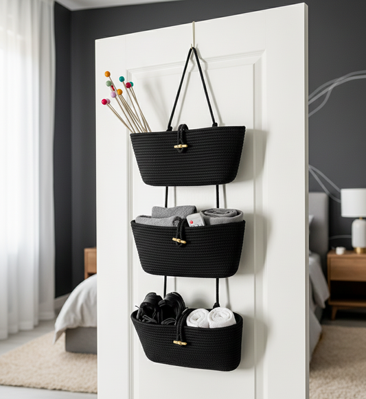 3 Wall Hanging Cotton Baskets - Black- Customizable