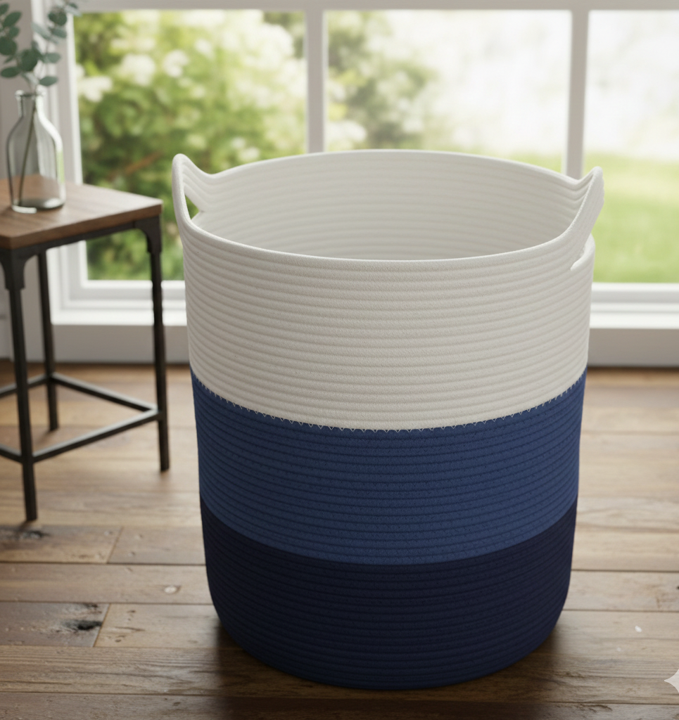 White & Blue Cotton Storage Basket with Handles - Medium, Large