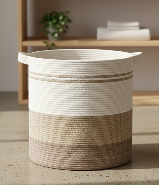 White, Beige & Brown Cotton Laundry Basket & Storage Organiser - Medium, Large