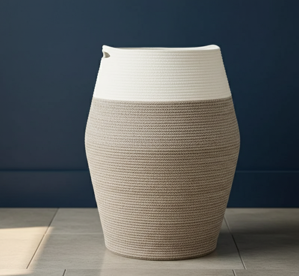 White & Brown Cotton Laundry Basket with Handles - Medium, Large