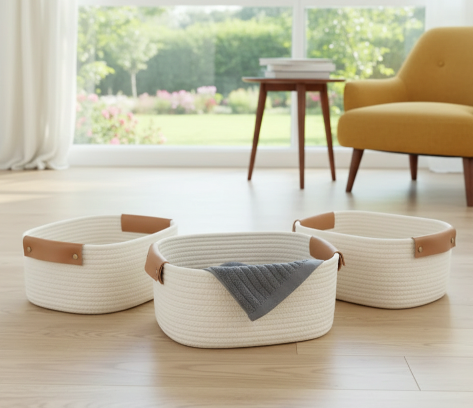 White Cotton Shelf Basket with Leather Handles - Multiple Sizes