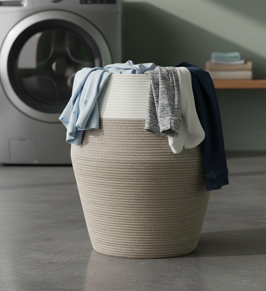White & Brown Cotton Laundry Basket with Handles - Medium, Large