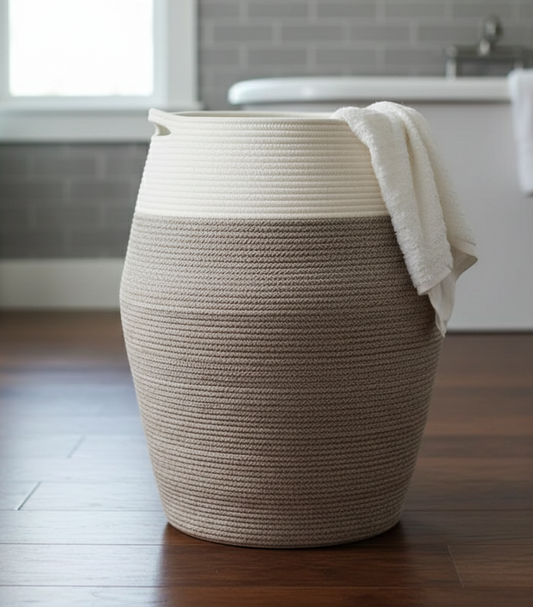 White & Brown Cotton Laundry Basket with Handles - Medium, Large