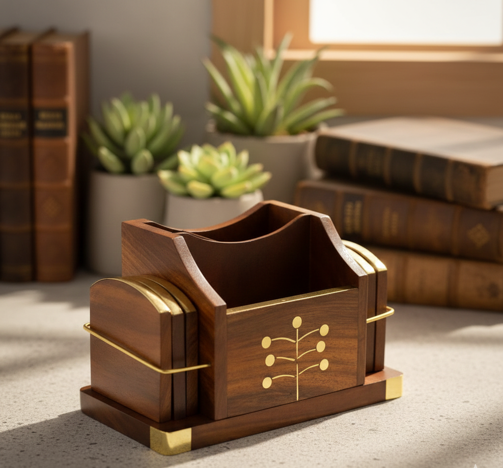 Multipurpose Wooden Cutlery Stand & Coaster Set - 6 inch x 4 inch x 3.3 inch