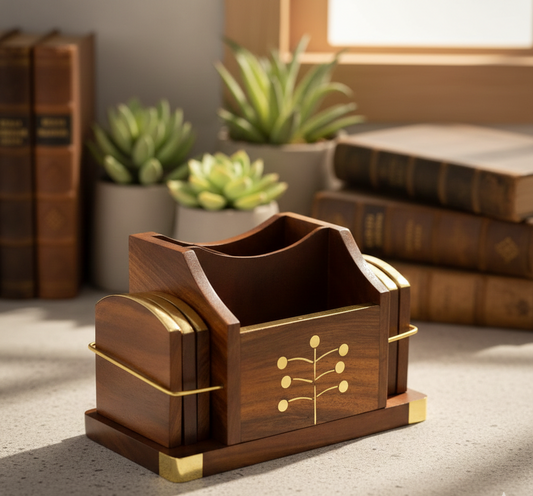 Multipurpose Wooden Cutlery Stand & Coaster Set - 6 inch x 4 inch x 3.3 inch