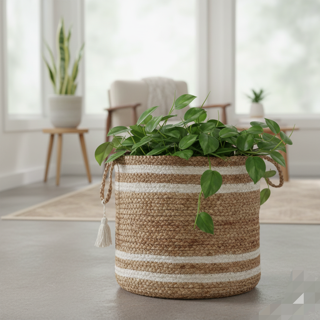 Beige & White Jute Storage Basket / Planter - Multiple Sizes