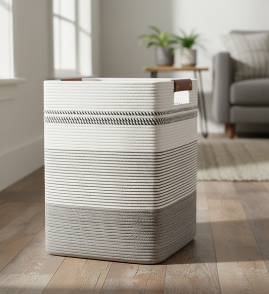 White & Brown Striped Cotton Laundry Basket - 18 inch x 15 inch x 11 inch