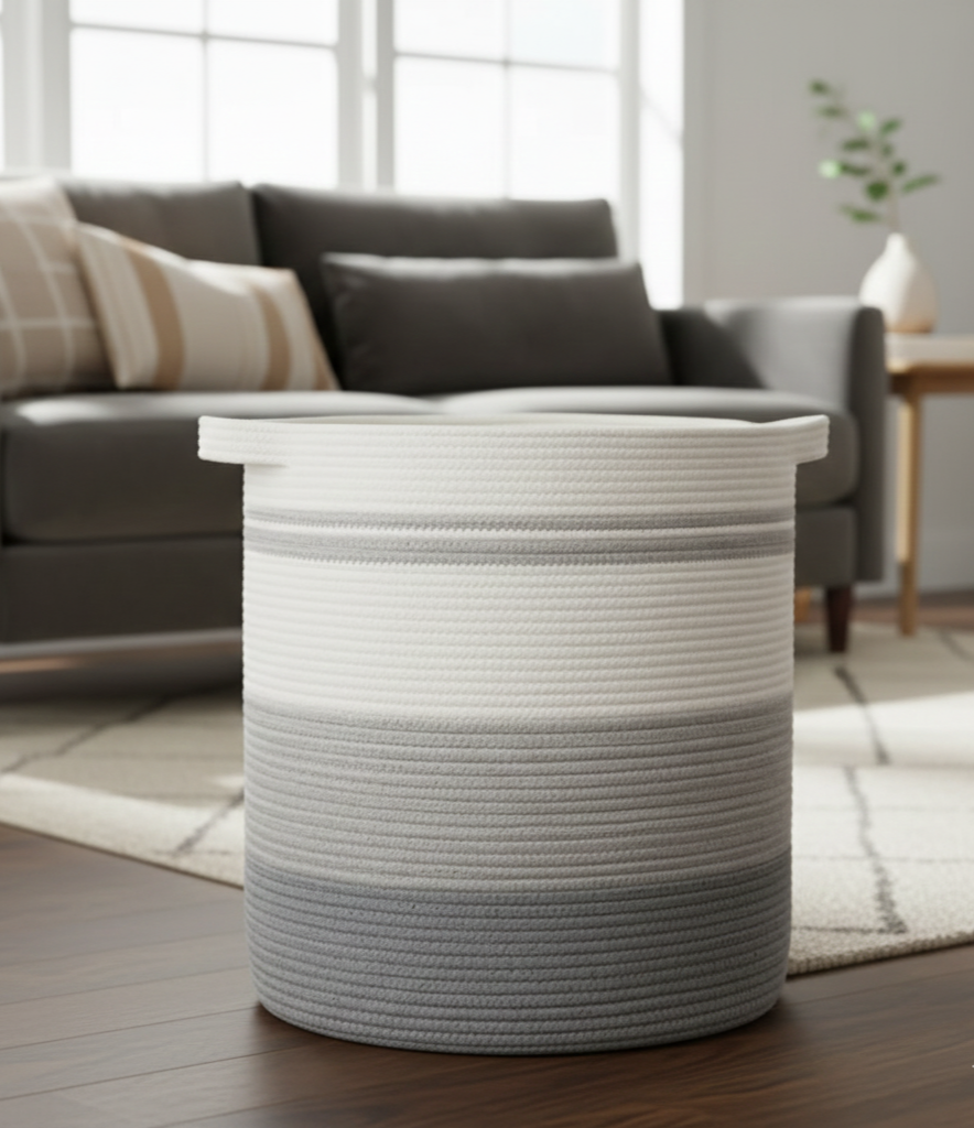 White, Grey Cotton Laundry Basket & Storage Organiser with Handles - Medium, Large