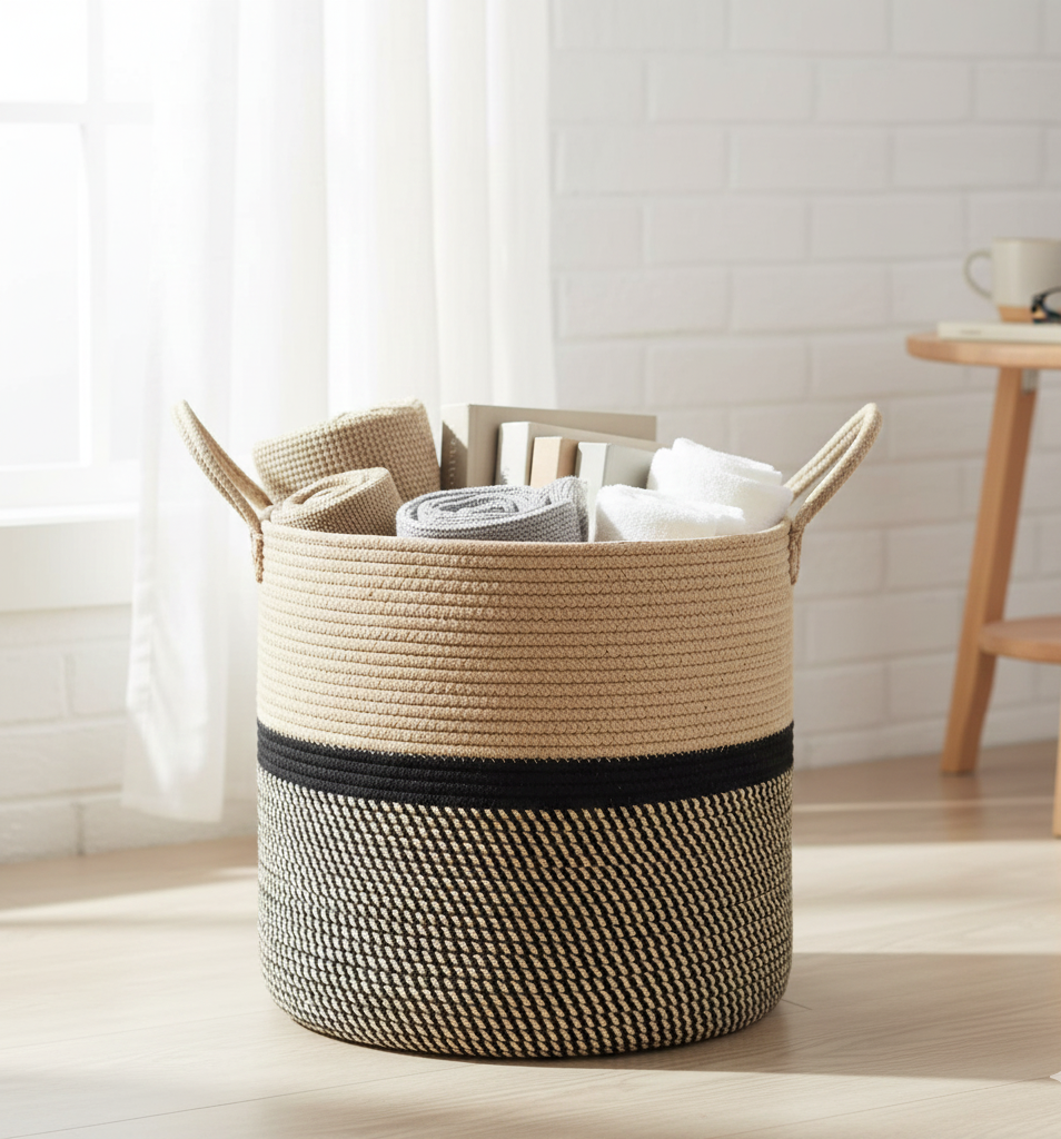 Beige & Black Cotton Planter & Storage Basket