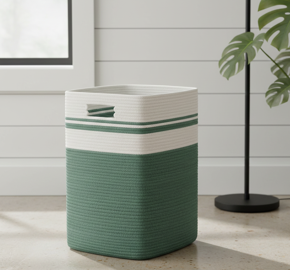 White & Green Cotton Stripes Laundry Basket - 18 x 15 x 11 inch