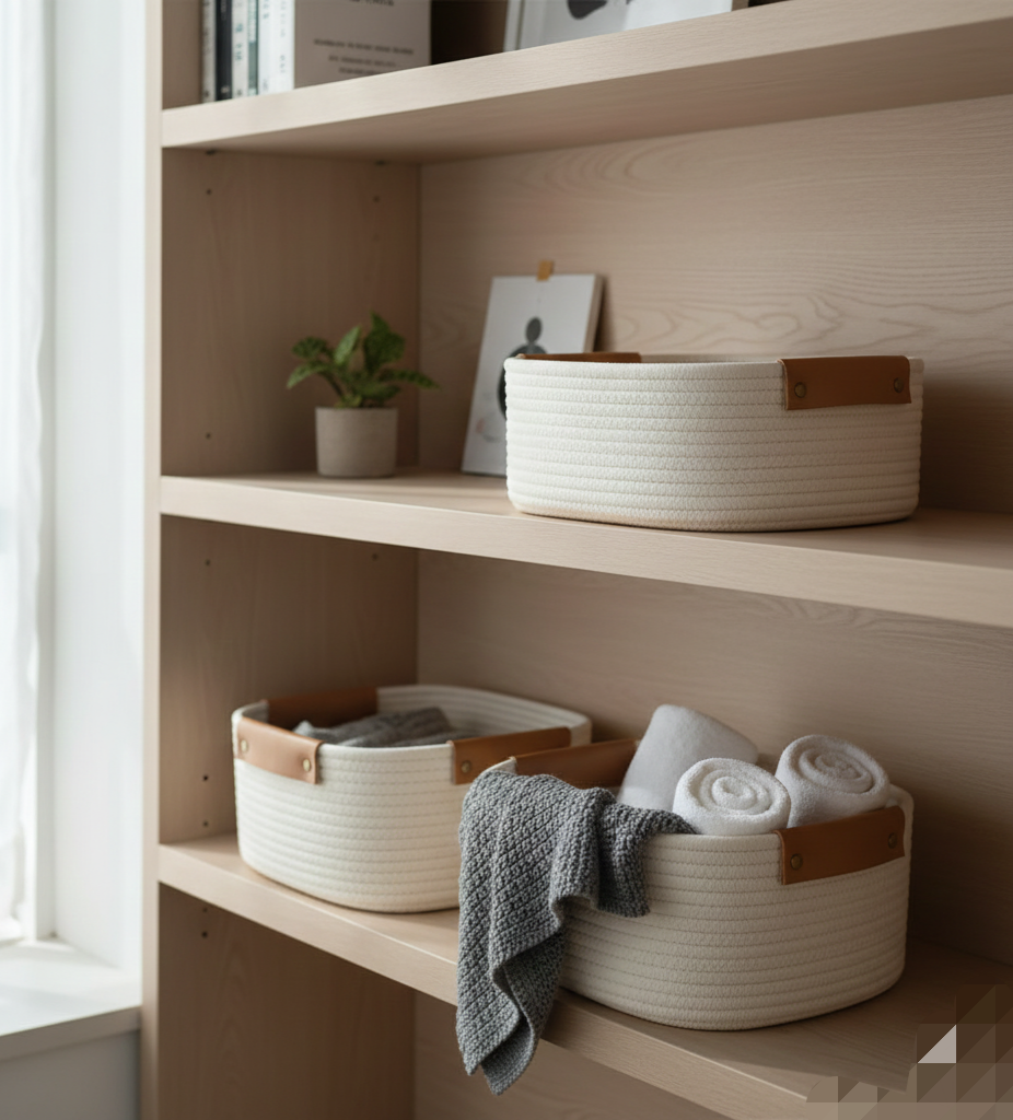 White Cotton Shelf Basket with Leather Handles - Multiple Sizes