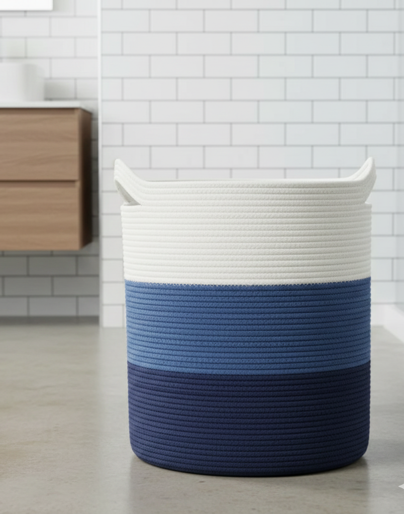 White & Blue Cotton Storage Basket with Handles - Medium, Large