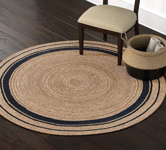 Beige & Black Jute Handwoven Rug With Natural Fibers