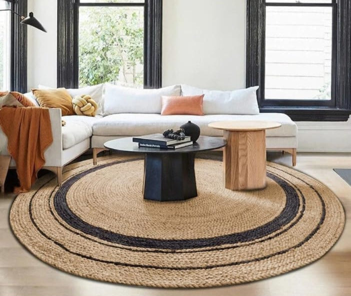 Beige & Black Jute Handwoven Rug With Natural Fibers
