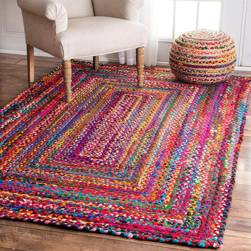 Modern Braided Rug in Multicolour Cotton Chindi Handmade