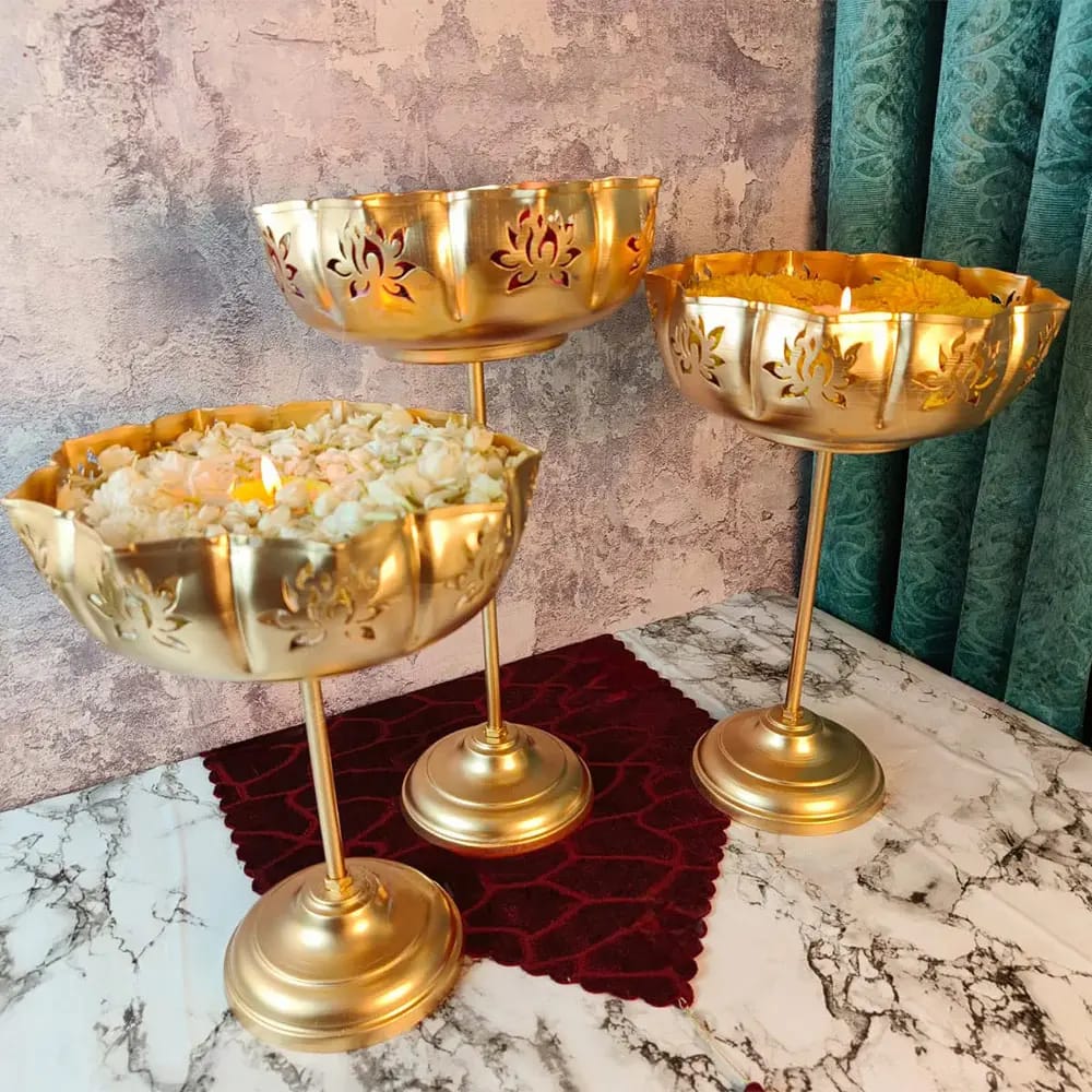 Divine Lotus Golden Urli & Diya Stand - Multiple Sizes