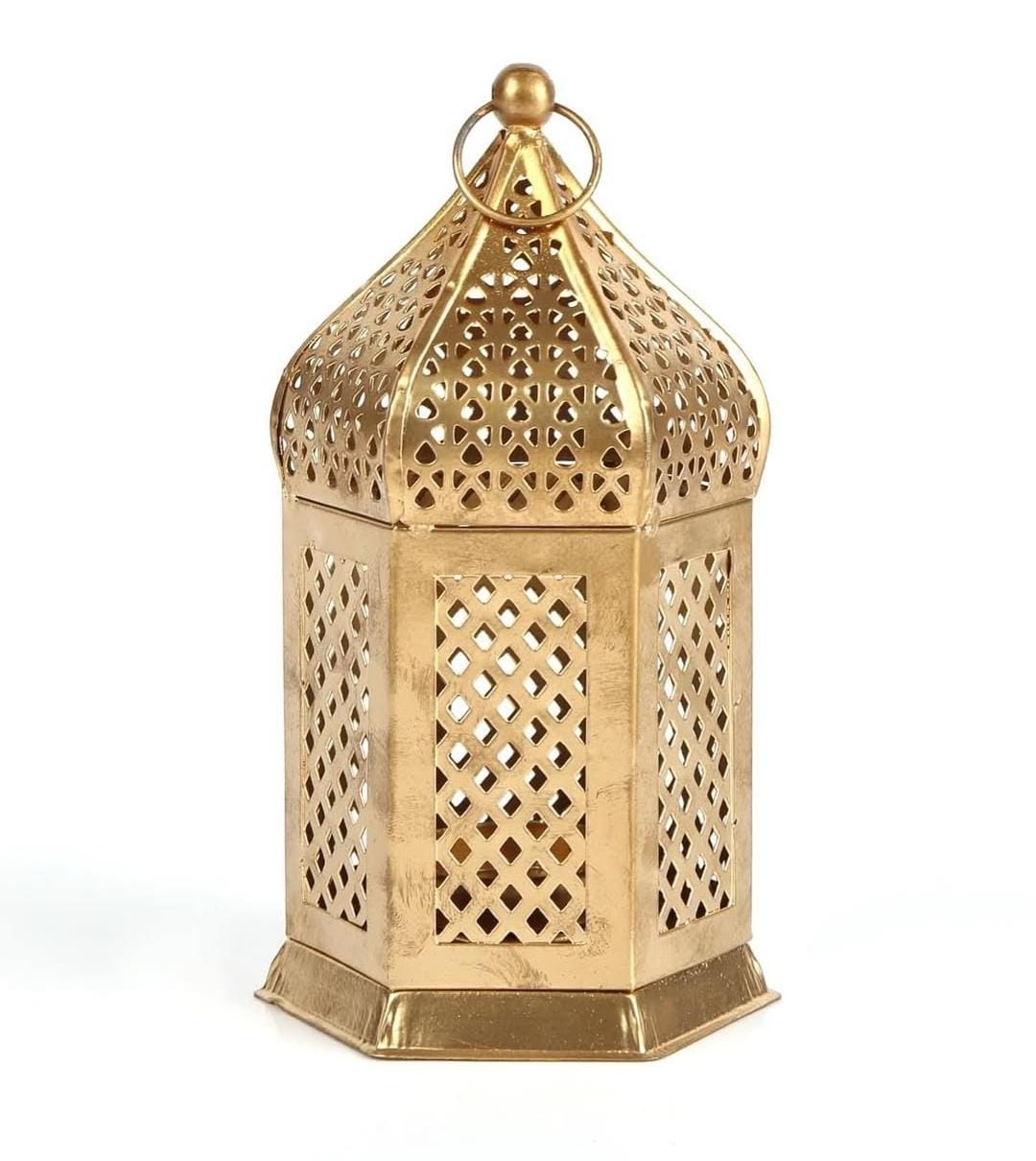 Decorative Metal T-Light Candle Holder Lantern – Golden Finish – Moroccan Style for Home Décor, Diwali, and Festive Lighting