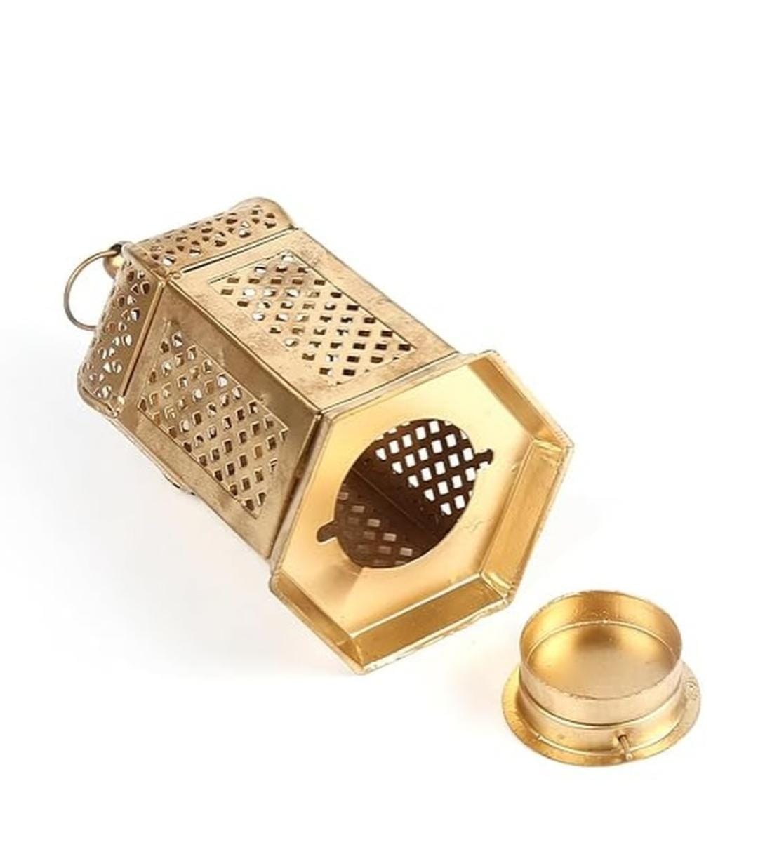 Decorative Metal T-Light Candle Holder Lantern – Golden Finish – Moroccan Style for Home Décor, Diwali, and Festive Lighting