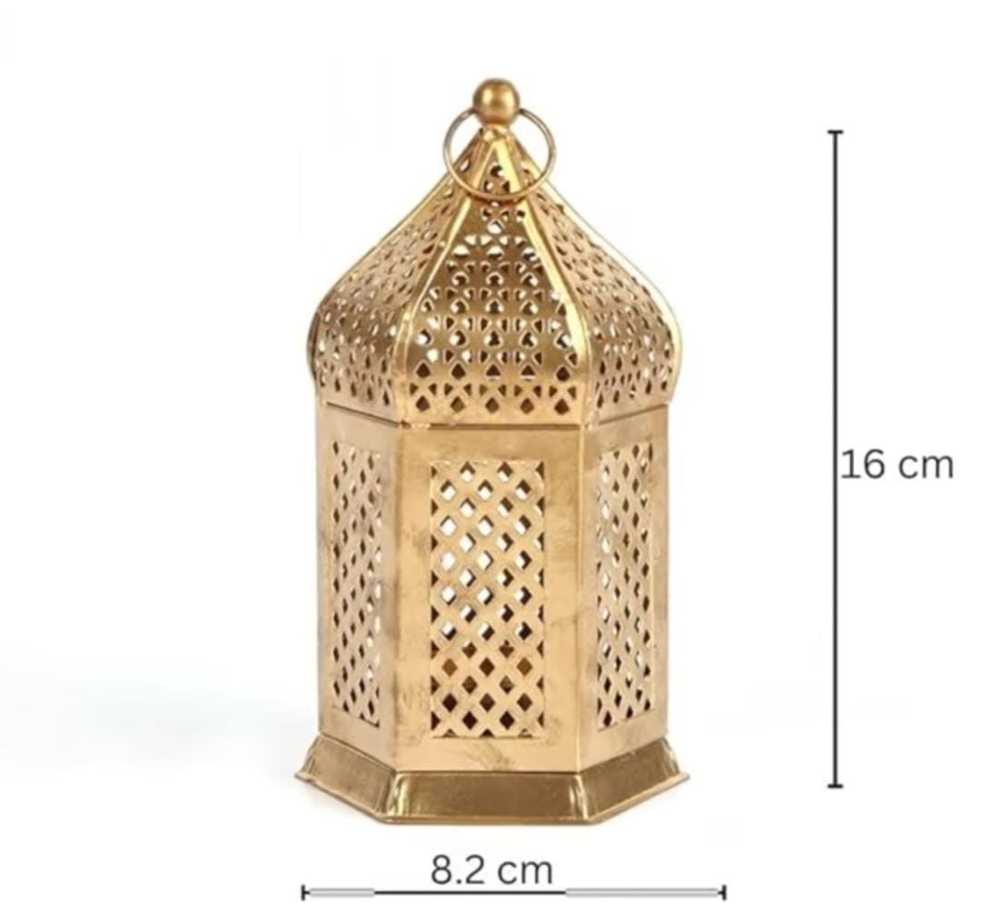 Decorative Metal T-Light Candle Holder Lantern – Golden Finish – Moroccan Style for Home Décor, Diwali, and Festive Lighting