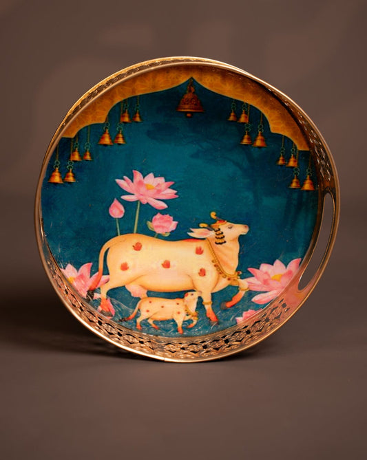 Metal Digital Pichwai tray- Cow & calf