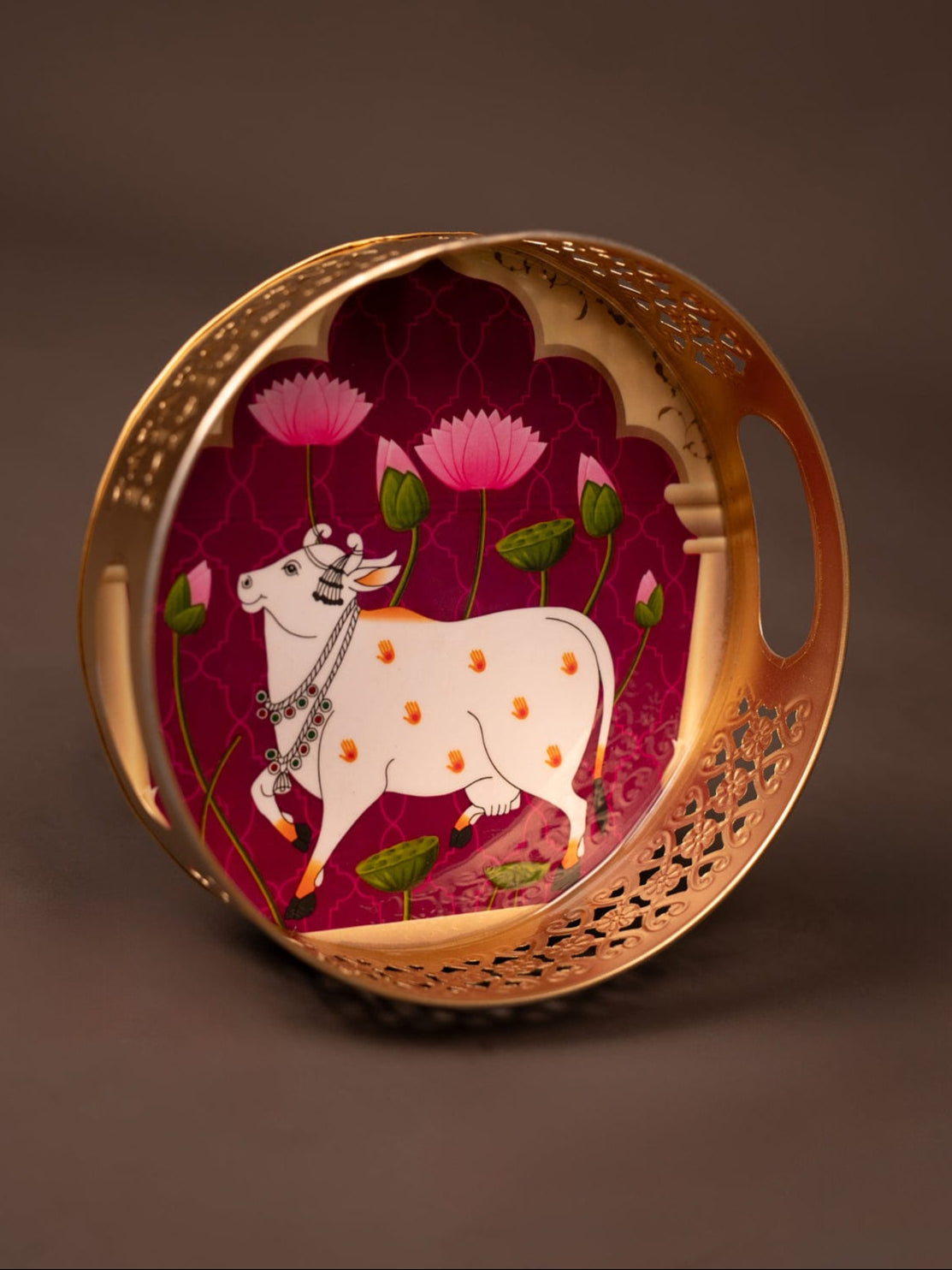 Pichwai Printed Round Metal Tray With Cow & Flowers