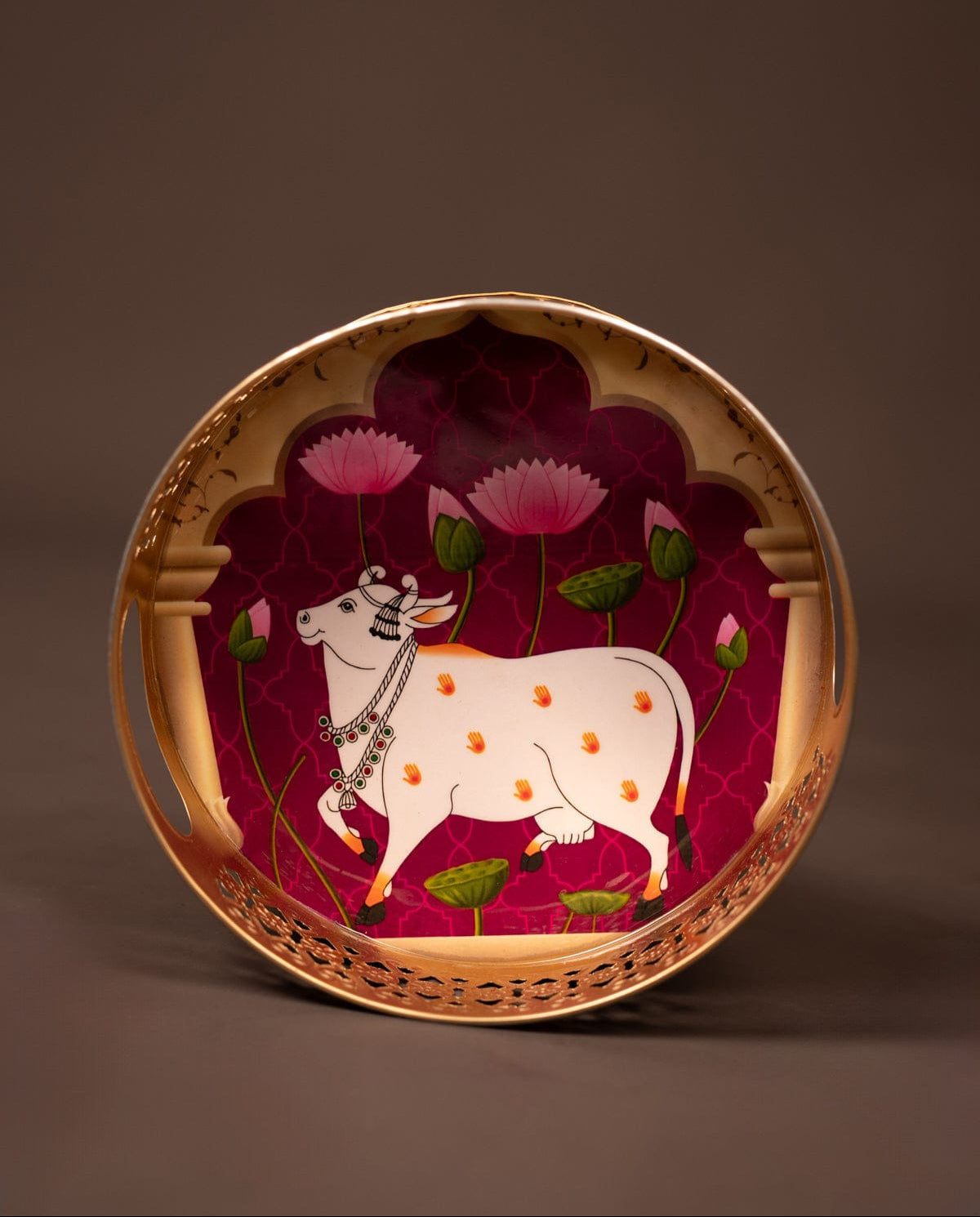 Pichwai Printed Round Metal Tray With Cow & Flowers